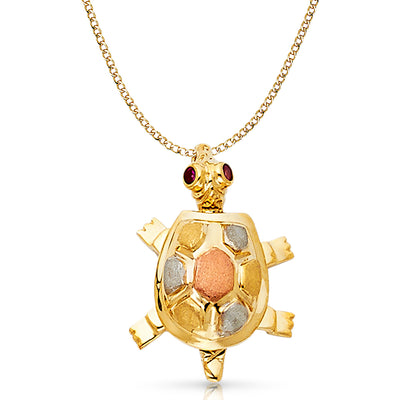 14K Gold Turtle Charm Pendant with 2.3mm Hollow Cuban Chain Necklace