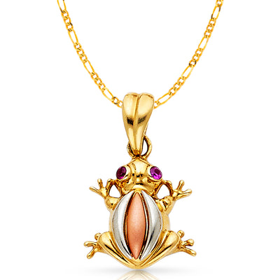 14K Gold Frog Charm Pendant with 2.3mm Figaro 3+1 Chain Necklace