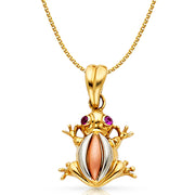 14K Gold Frog Charm Pendant with 1.5mm Flat Open Wheat Chain Necklace