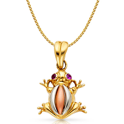 14K Gold Frog Charm Pendant with 1.5mm Flat Open Wheat Chain Necklace