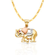 14K Gold CZ Elephant Charm Pendant with 2.3mm Figaro 3+1 Chain Necklace