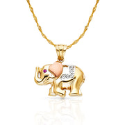 14K Gold CZ Elephant Charm Pendant with 1.2mm Singapore Chain Necklace