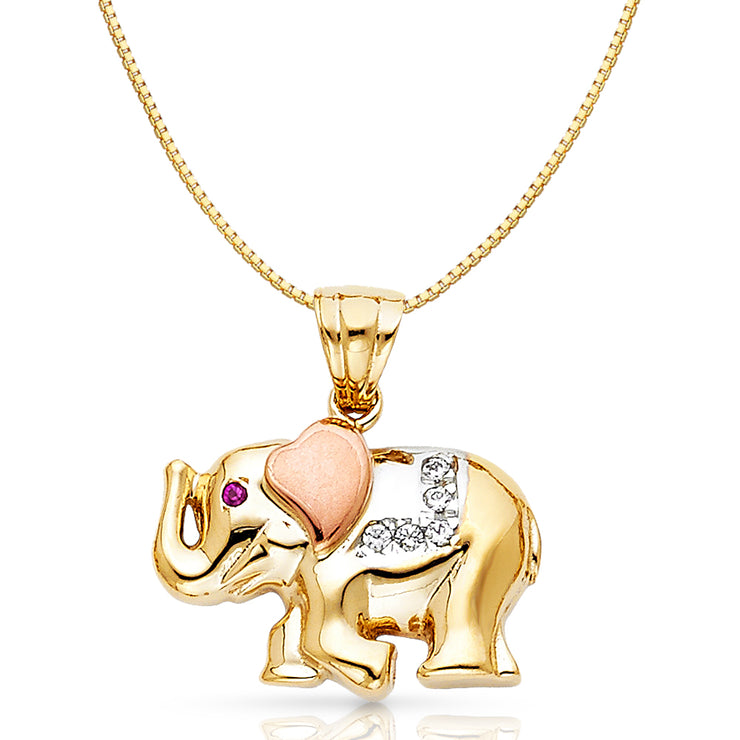 14K Gold CZ Elephant Charm Pendant with 0.8mm Box Chain Necklace