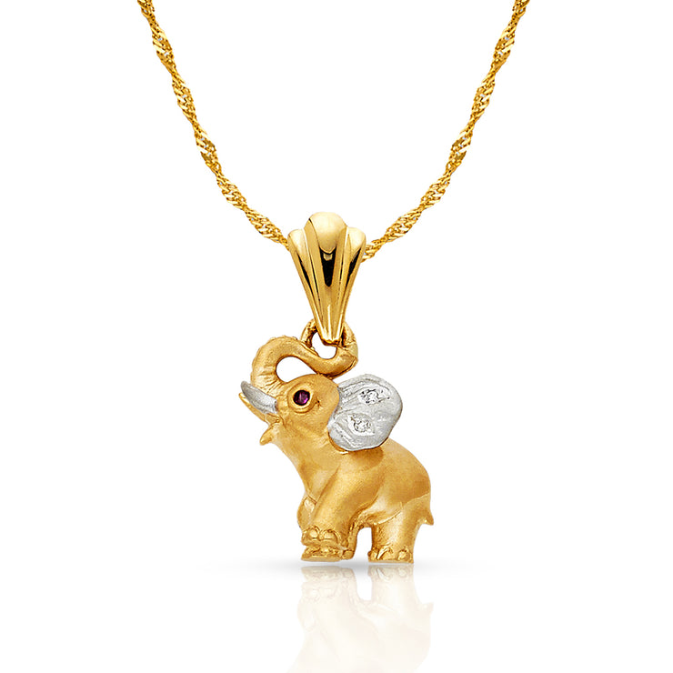 14K Gold CZ Elephant Charm Pendant with 1.2mm Singapore Chain Necklace