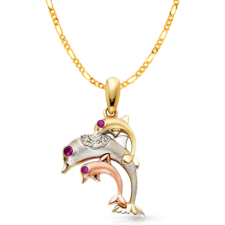 14K Gold CZ Dolphin Charm Pendant with 2.3mm Figaro 3+1 Chain Necklace