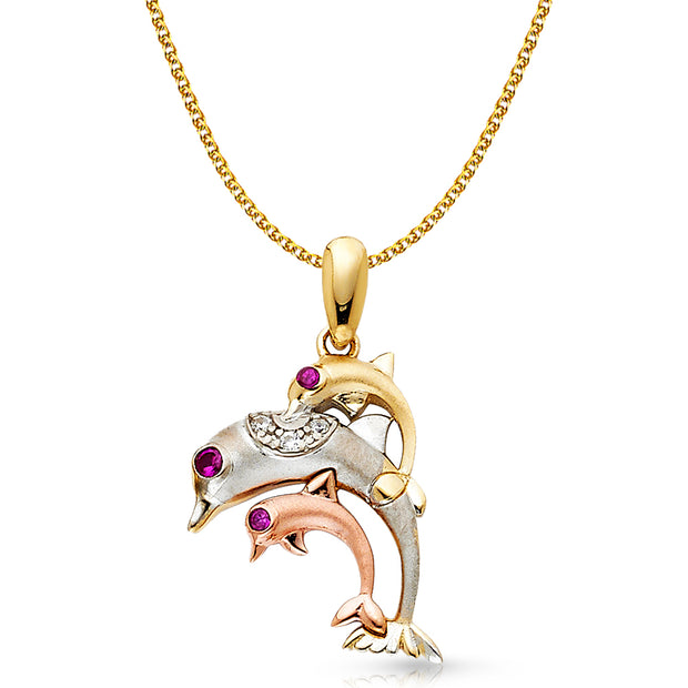 14K Gold CZ Dolphin Charm Pendant with 1.5mm Flat Open Wheat Chain Necklace