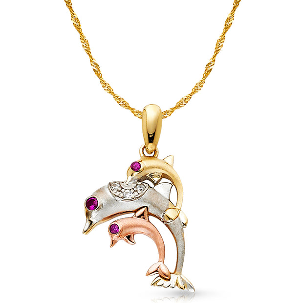 14K Gold CZ Dolphin Charm Pendant with 1.2mm Singapore Chain Necklace