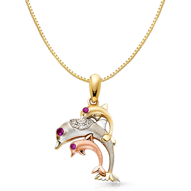 14K Gold CZ Dolphin Charm Pendant with 0.8mm Box Chain Necklace