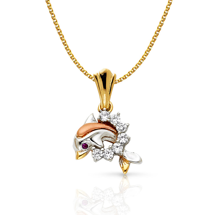 14K Gold CZ Dolphin Charm Pendant with 1.5mm Flat Open Wheat Chain Necklace