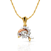 14K Gold CZ Dolphin Charm Pendant with 1.2mm Singapore Chain Necklace