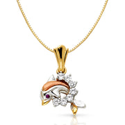 14K Gold CZ Dolphin Charm Pendant with 0.8mm Box Chain Necklace