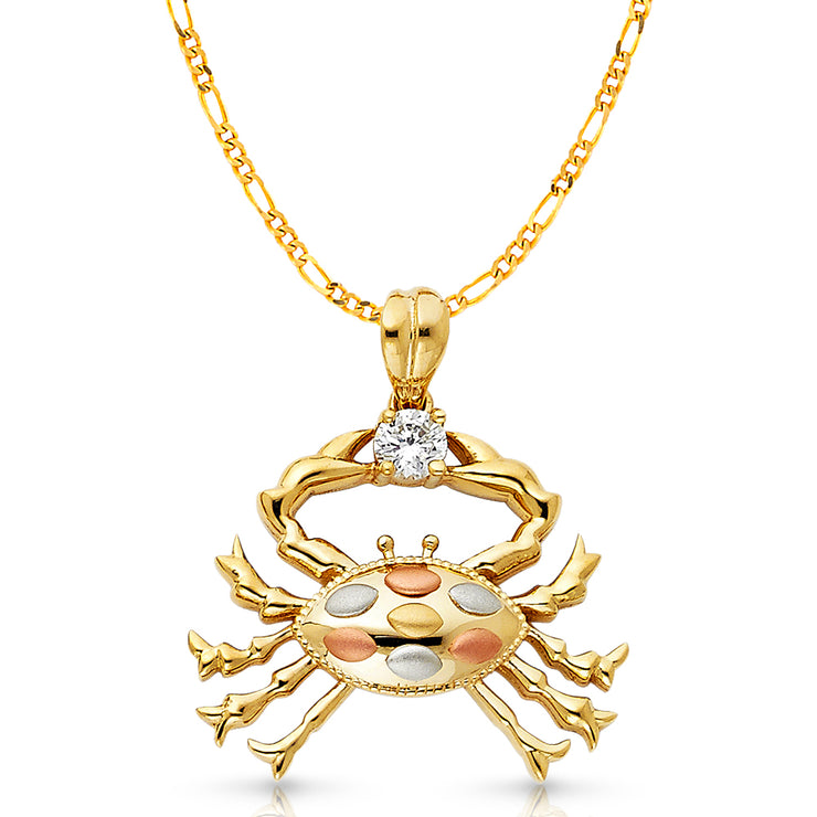 14K Gold CZ Crab Charm Pendant with 3.1mm Figaro 3+1 Chain Necklace