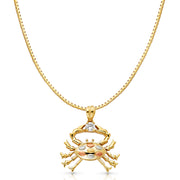 14K Gold CZ Crab Charm Pendant with 1.2mm Box Chain Necklace