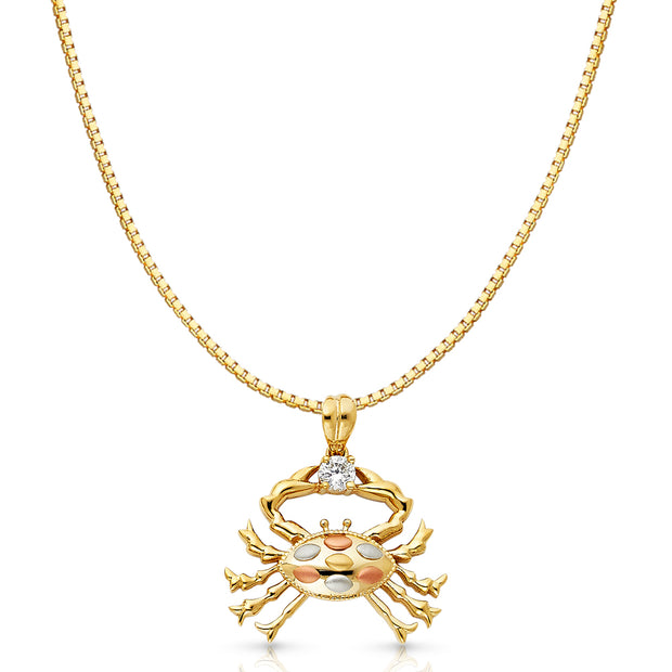 14K Gold CZ Crab Charm Pendant with 1.2mm Box Chain Necklace