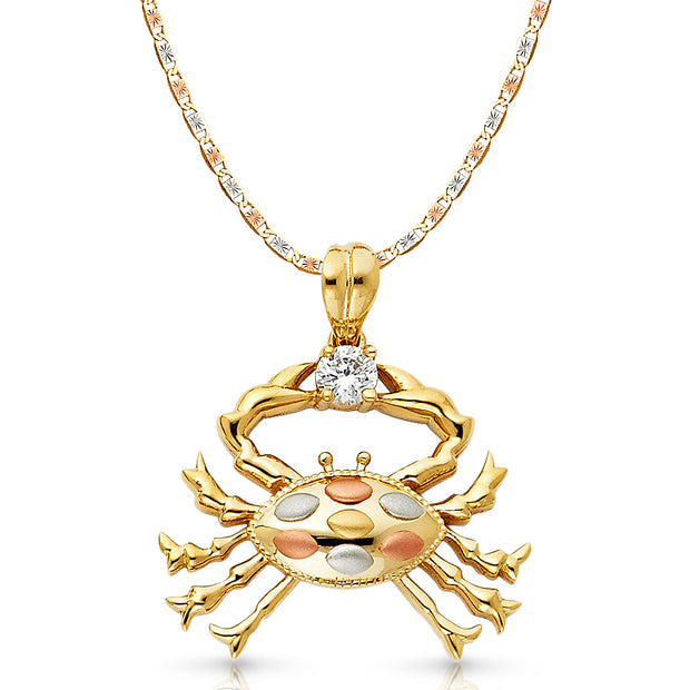 14K Gold CZ Crab Charm Pendant with 3.3mm Valentino Star Diamond Cut Chain Necklace