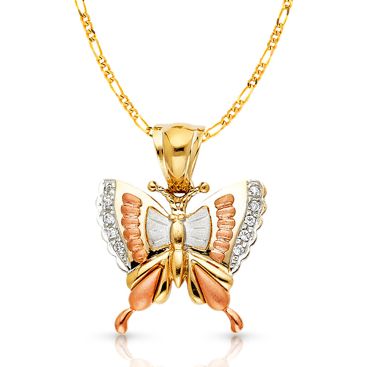 14K Gold CZ Butterfly Charm Pendant with 3.1mm Figaro 3+1 Chain Necklace