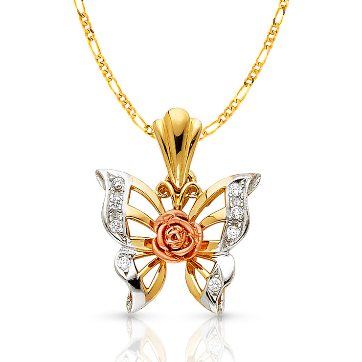 14K Gold CZ Butterfly Charm Pendant with 3.1mm Figaro 3+1 Chain Necklace