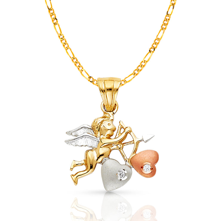 14K Gold CZ Cupid Charm Pendant with 3.1mm Figaro 3+1 Chain Necklace