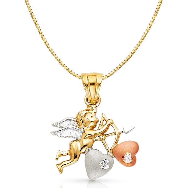 14K Gold CZ Cupid Charm Pendant with 0.8mm Box Chain Necklace