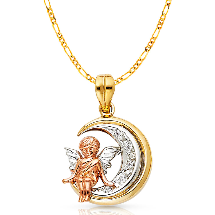 14K Gold CZ Angel Charm Pendant with 3.1mm Figaro 3+1 Chain Necklace