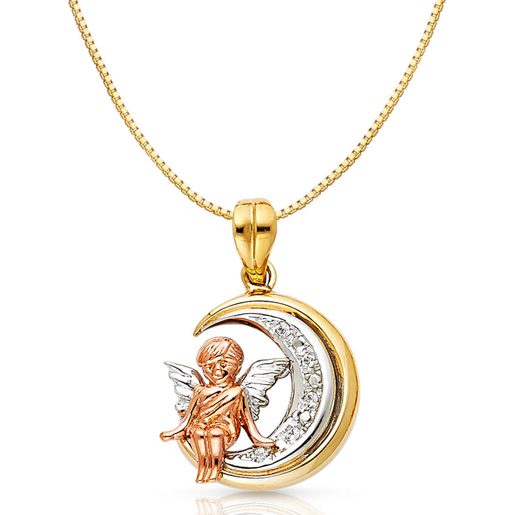 14K Gold CZ Angel Charm Pendant with 0.8mm Box Chain Necklace