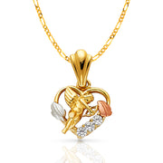 14K Gold CZ Cupid Charm Pendant with 3.1mm Figaro 3+1 Chain Necklace