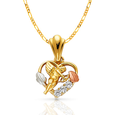 14K Gold CZ Cupid Charm Pendant with 3.1mm Figaro 3+1 Chain Necklace