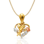 14K Gold CZ Cupid Charm Pendant with 3.4mm Hollow Cuban Chain Necklace