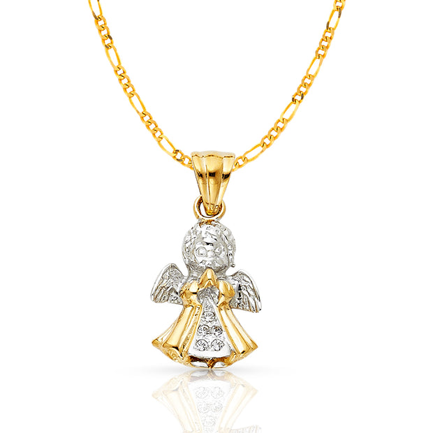 14K Gold CZ Angel Charm Pendant with 2.3mm Figaro 3+1 Chain Necklace