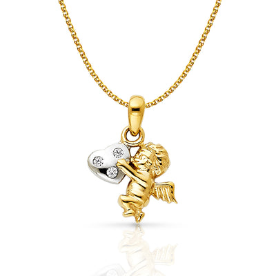 14K Gold CZ Angel Charm Pendant with 1.5mm Flat Open Wheat Chain Necklace
