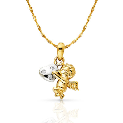 14K Gold CZ Angel Charm Pendant with 1.2mm Singapore Chain Necklace