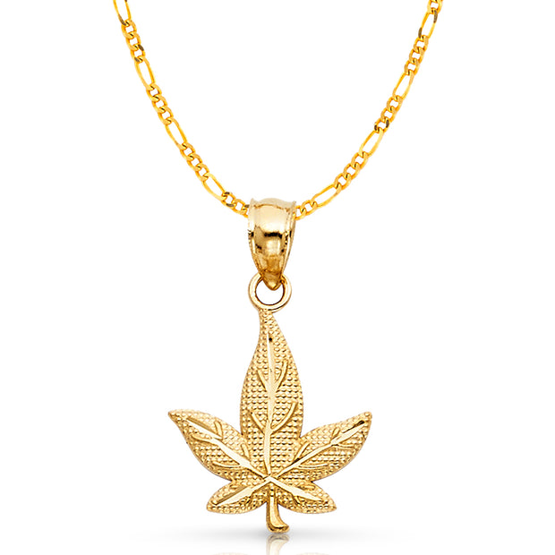 14K Gold Marijuana Leaf Charm Pendant with 3.1mm Figaro 3+1 Chain Necklace