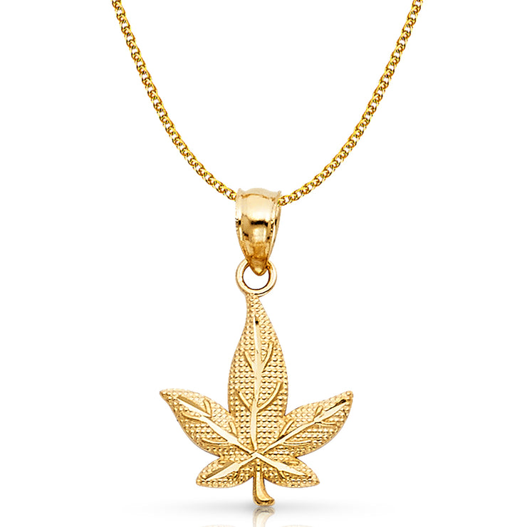 14K Gold Marijuana Leaf Charm Pendant with 1.7mm Flat Open Wheat Chain Necklace