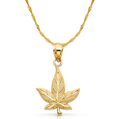 14K Gold Marijuana Leaf Charm Pendant with 1.2mm Singapore Chain Necklace