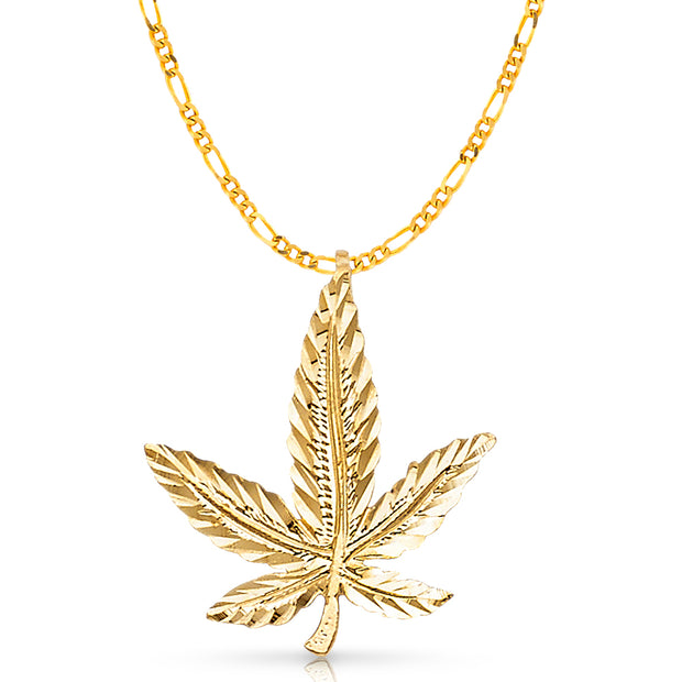 14K Gold Marijuana Leaf Charm Pendant with 2.3mm Figaro 3+1 Chain Necklace