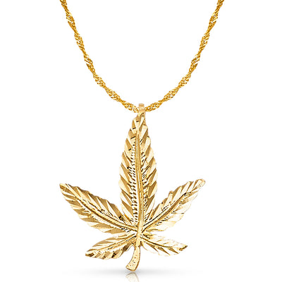 14K Gold Marijuana Leaf Charm Pendant with 1.2mm Singapore Chain Necklace