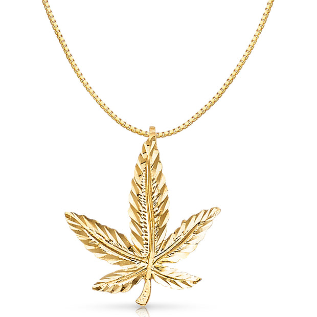 14K Gold Marijuana Leaf Charm Pendant with 0.8mm Box Chain Necklace