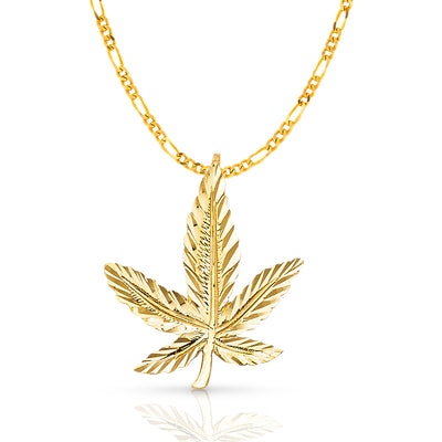 14K Gold Marijuana Leaf Charm Pendant with 2.3mm Figaro 3+1 Chain Necklace