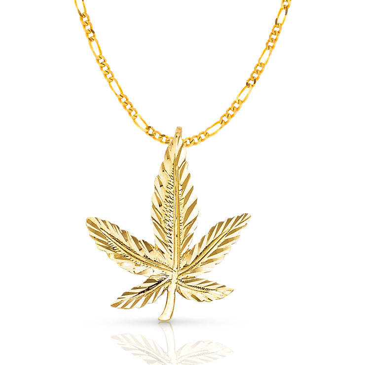 14K Gold Marijuana Leaf Charm Pendant with 2.3mm Figaro 3+1 Chain Necklace