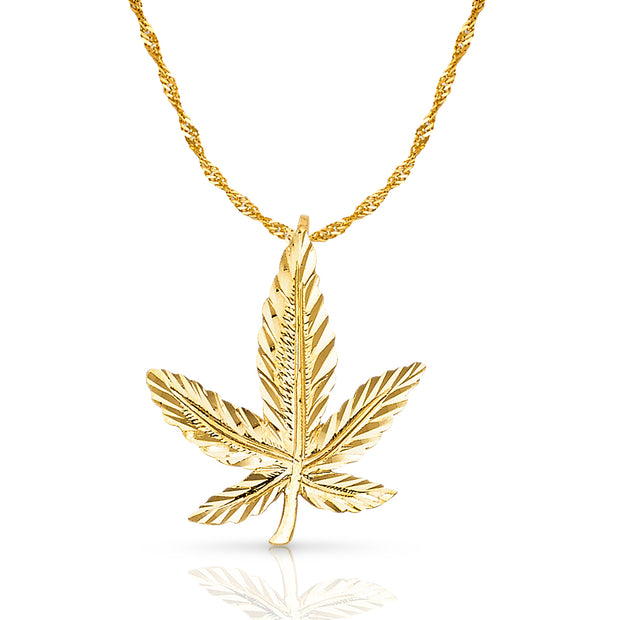 14K Gold Marijuana Leaf Charm Pendant with 1.2mm Singapore Chain Necklace