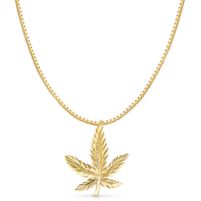 14K Gold Marijuana Leaf Charm Pendant with 1.2mm Box Chain Necklace