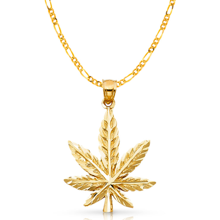 14K Gold Marijuana Leaf Charm Pendant with 3.8mm Figaro 3+1 Chain Necklace