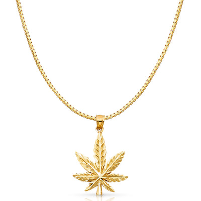 14K Gold Marijuana Leaf Charm Pendant with 1.2mm Box Chain Necklace