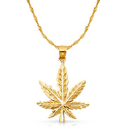 14K Gold Marijuana Leaf Charm Pendant with 1.8mm Singapore Chain Necklace