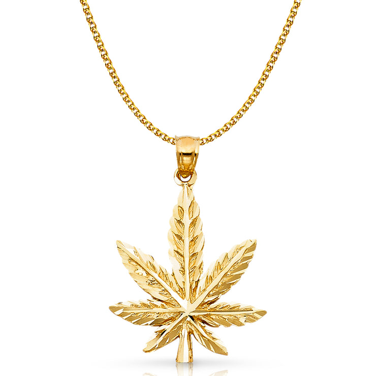 14K Gold Marijuana Leaf Charm Pendant with 2mm Flat Open Wheat Chain Necklace