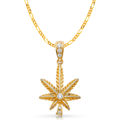 14K Gold CZ Marijuana Leaf Charm Pendant with 3.8mm Figaro 3+1 Chain Necklace