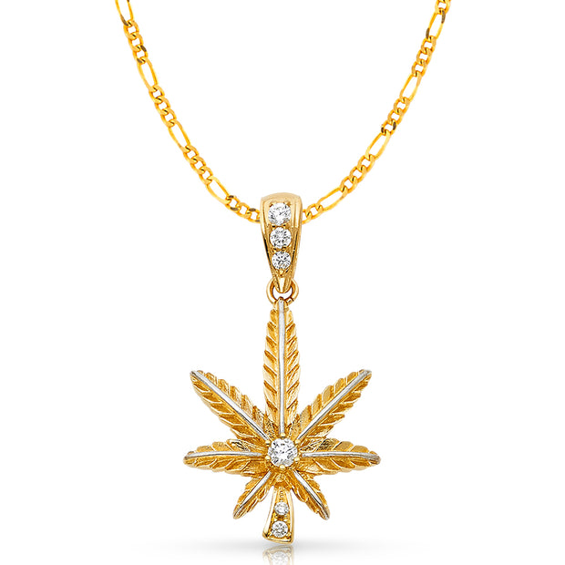 14K Gold CZ Marijuana Leaf Charm Pendant with 3.8mm Figaro 3+1 Chain Necklace