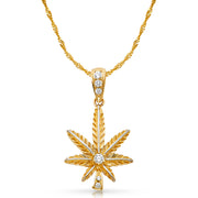 14K Gold CZ Marijuana Leaf Charm Pendant with 1.8mm Singapore Chain Necklace