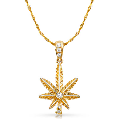 14K Gold CZ Marijuana Leaf Charm Pendant with 1.8mm Singapore Chain Necklace