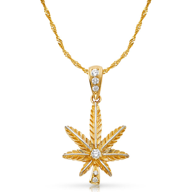 14K Gold CZ Marijuana Leaf Charm Pendant with 1.8mm Singapore Chain Necklace